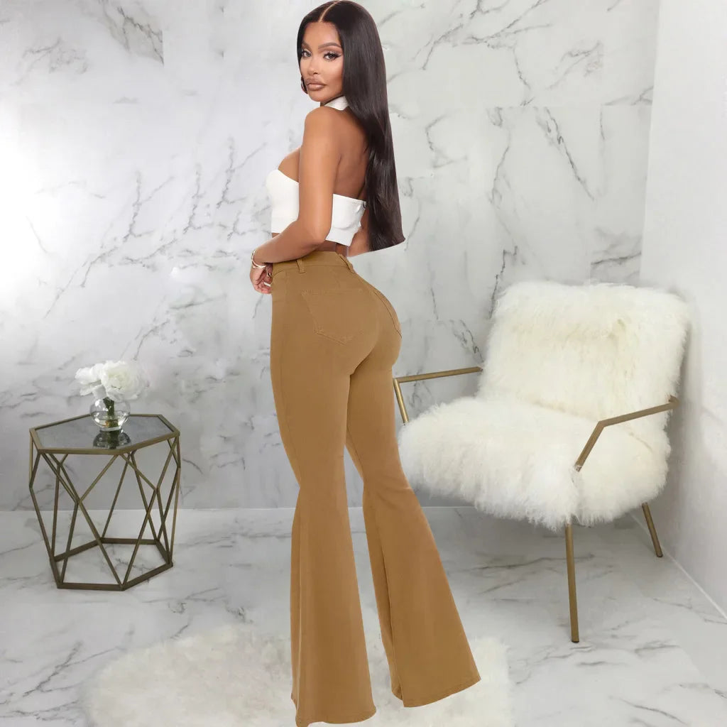 Women Jeans Flare Pants Sexy Denim Long Pant Hip Wrap Casual Solid Elegant Splice Regular Slim Fit High Waist Trousers Summer