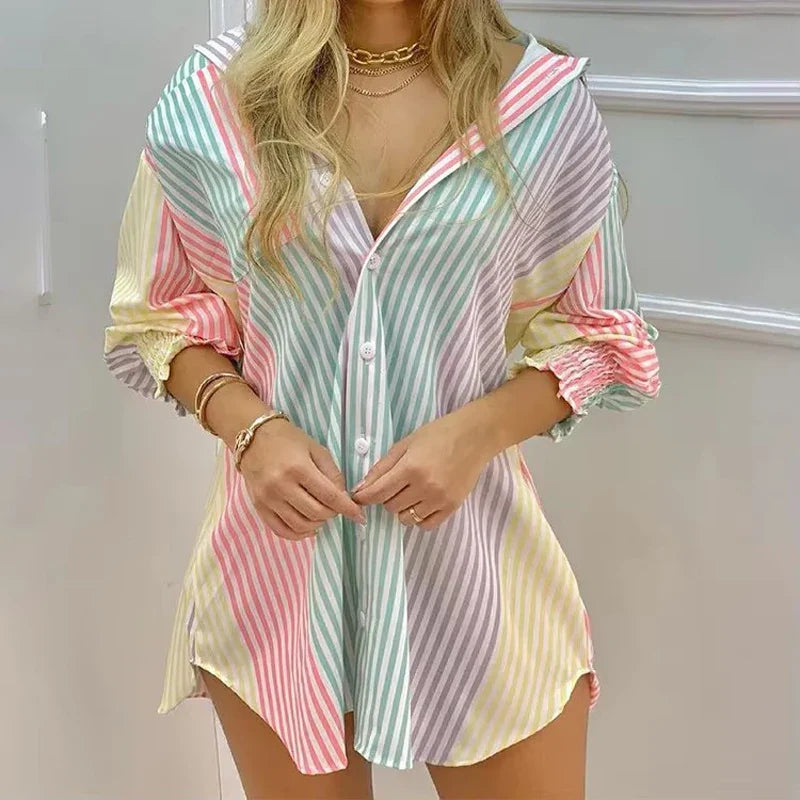 New Women's Spring Summer Printed Long Sleeve Lapel Casual Shirt Dress Ladies Single-breasted Cardigan Irregular Mini Dress 2022
