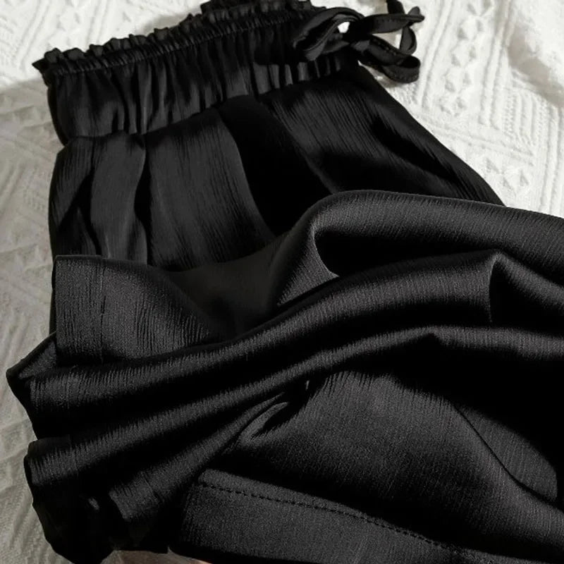 High Quality Wide Leg Pants Women Vintage Drawstring High Waist Satin Silk Pants Woman Casual Loose Straight Trousers