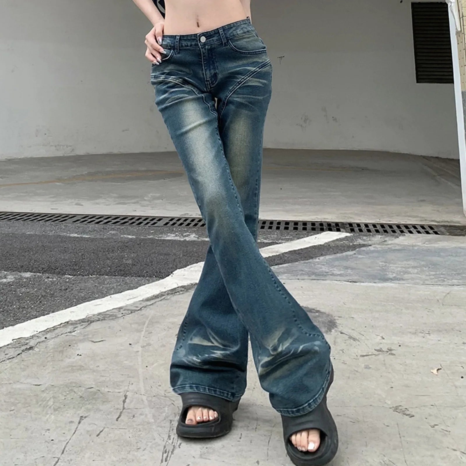 Denim Pants For Women Women'S Low Waist Flared Jeans In Color Blocking For A Slimming Effect джинсы широкие