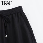 TRAF Women Fashion Spring Summer Lace-up Linen Blended Straight Pants Pocket Office Lady Chic High Waist Trousers Mujer