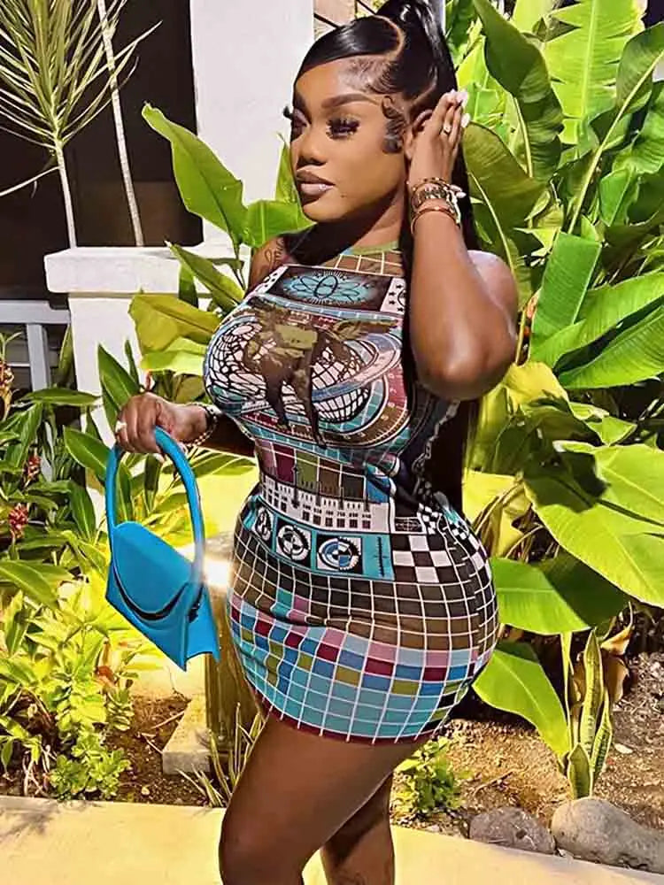 Weird Puss Aesthetic Print Dress Women See Through Sleeveless Skinny Colorful Hipster Skinny o-Neck Summer Trend Club Bodycon