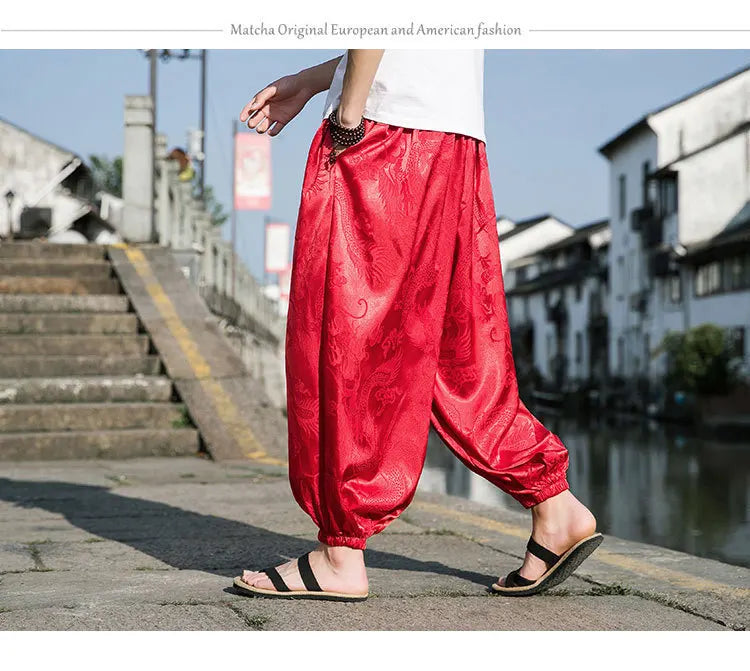 FGKKS 2023 Outdoor Brand Pants For Men Lce Silk Dragon Dark Flower Loose Bloomers High Quality Wide Leg Casual Trousers Male