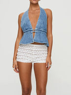 Combhasaki Women's Y2K Summer Halter Neck Crop Tops Bow Tie-up Sleeveless Deep V-Neck Backless Solid Color Denim Flare Vest