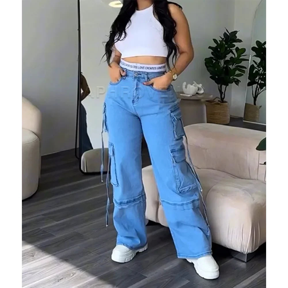 Denim Straight Jeans Wide Leg Women High Waist Loose Pants Y2K Trousers Hip-hop Streetwear Waist Colorblocked Design Loose Jeans