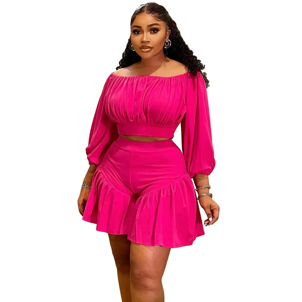 CM.YAYA Plus Size Women's Set Long Sleeve Slash Neck T-Shirt and Shorts 2025 Summer Ruched Two 2 Piece Set Outfits Tracksuit