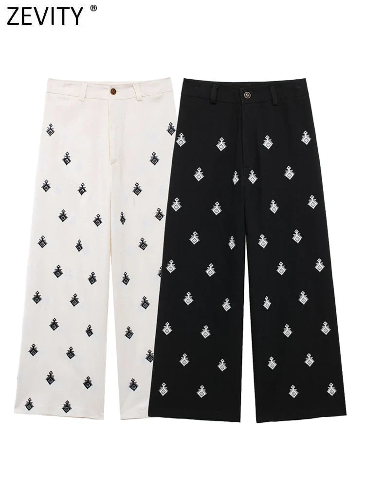 ZEVITY New Women Fashion Geometric Embroidery Wide Leg Pants High Waist Female Chic Zipper Fly Ankle Length Trousers Mujer P6247