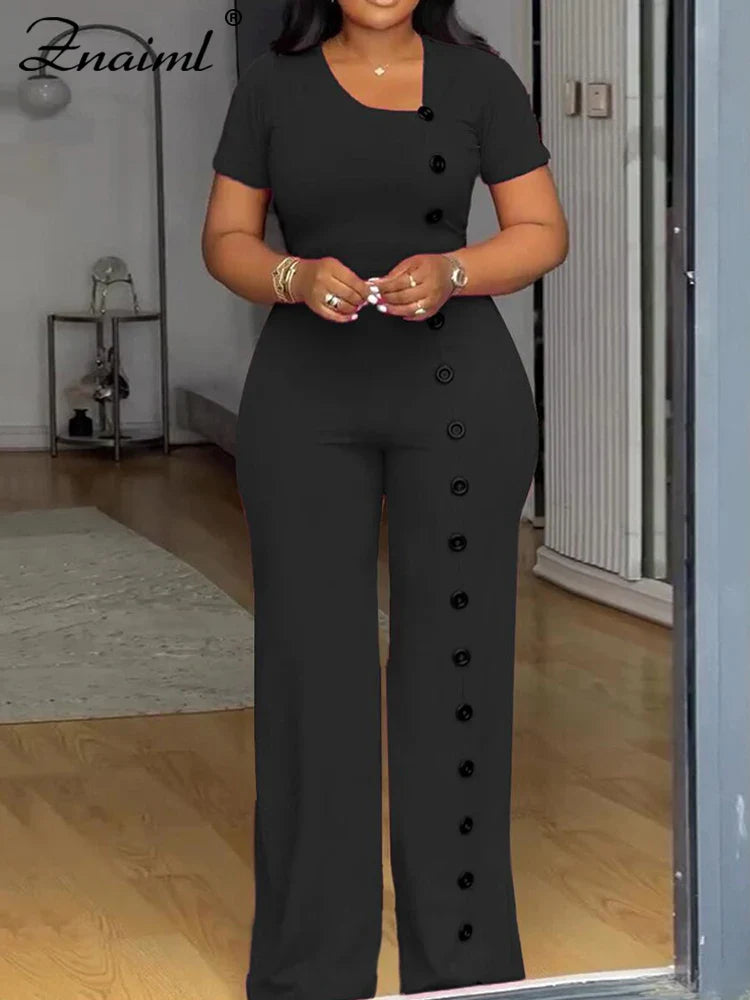Znaiml Women Elegant Long Jumpsuits for Party Summer Short Sleeve Buttons Solid Color Wide Leg Pants Rompers One Pieces Overalls