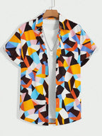Men's And Women's Fun Block Pattern Printed Shirts Casual Design Short Sleeve Shirts Fashion Button-Ups