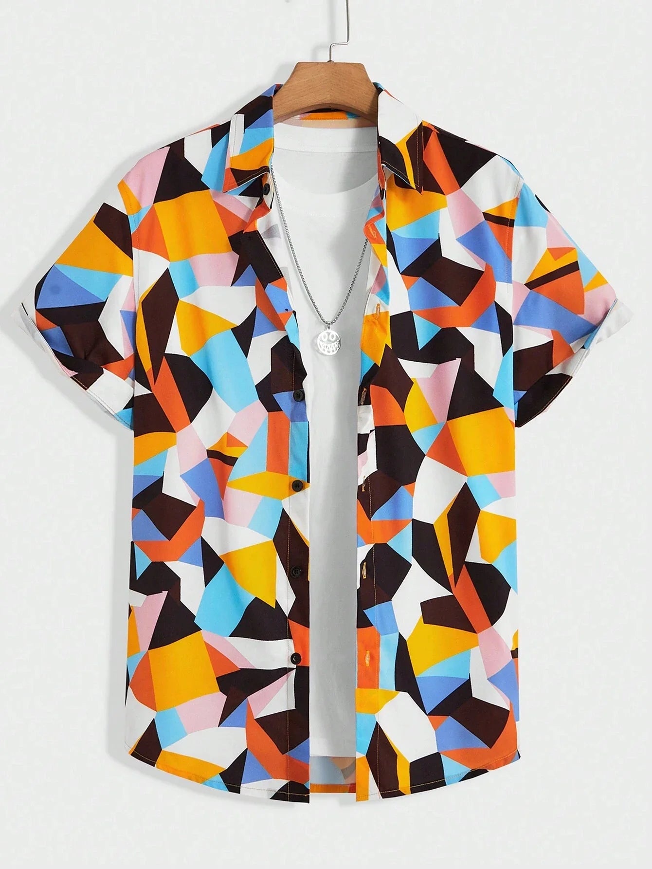 Men's And Women's Fun Block Pattern Printed Shirts Casual Design Short Sleeve Shirts Fashion Button-Ups