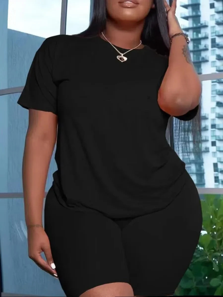 LW BASICS Plus Size Two Pieces Sets Round Neck Skinny Shorts Set 2024 NEW IN Matching Sets Summer Short T-shirt + Short Sets