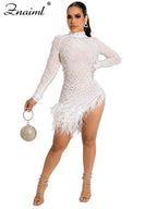 Znaiml Luxury 2023 Evening Celebrity Feathers Sheer Mesh Short Dresses for Women Sexy Pearls Rhinestones Party Birthday Vestidos