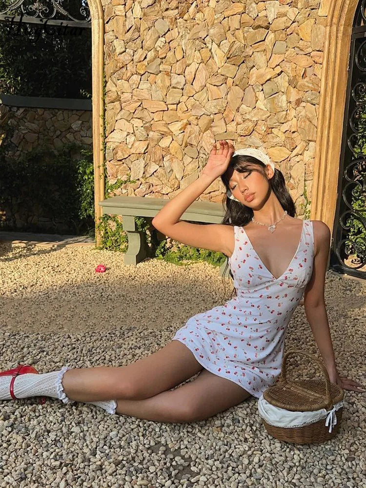 Hugcitar 2024 Cherry Print Straps Backless Draped Sexy Bodycon Mini Dress Summer Women Elegant Clothes Birthday Party Vacation