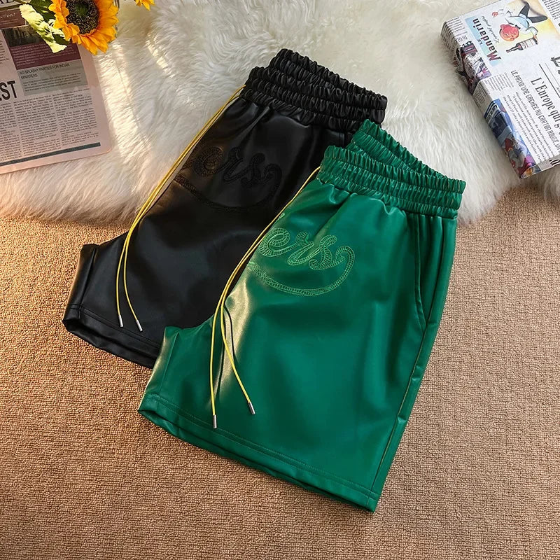 Trendy Brand Men's Shorts Environmental Friendly Leather Pocket Zipper Drawstring Casual Fashionable Summer Loose-Fit Pants