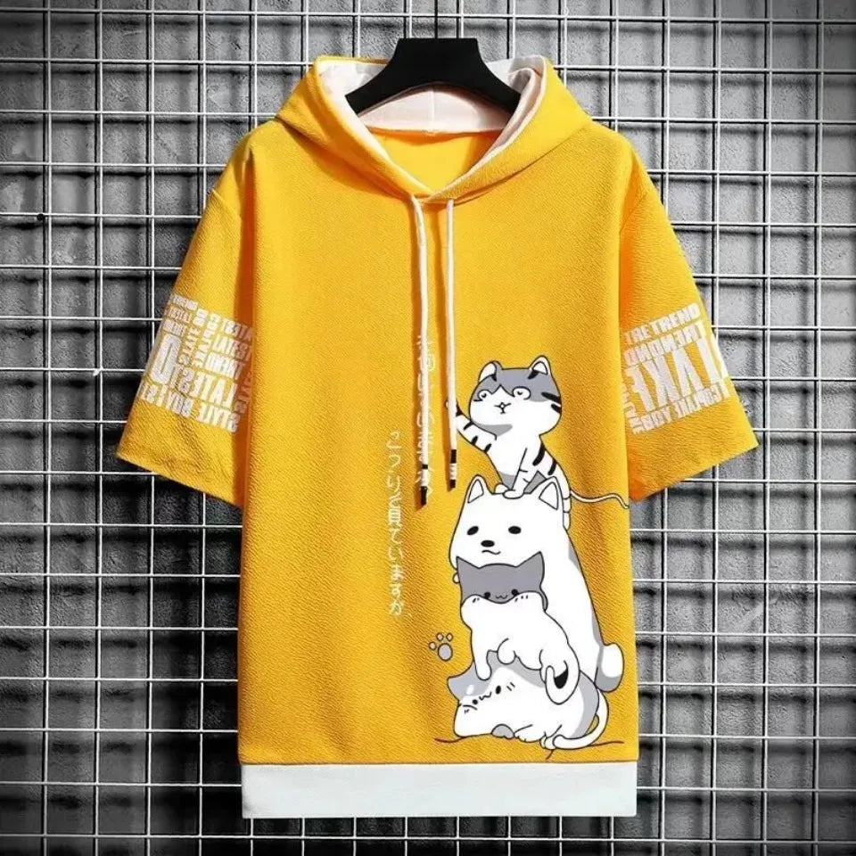Summer T shirt Men's Hoodies Men Clothing Casual Harajuku Streetwear Print Hooded Top Short Sleeve Sweatshirts Men