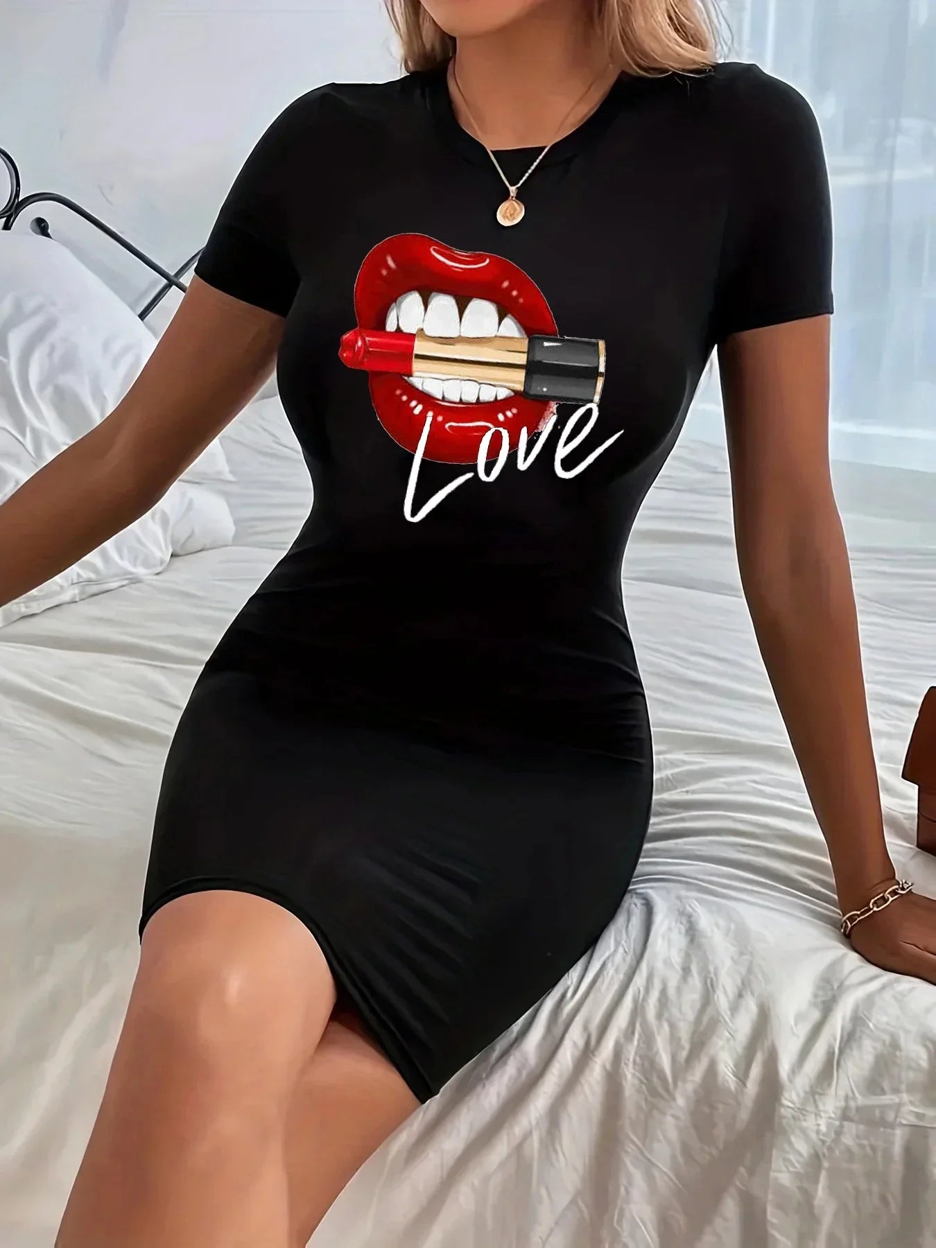 Summer Women's Dresses Street Dating Travel Short Sleeve Dresses Sexy Lips Printed Women's Home Nightgowns Plus Size Dresses