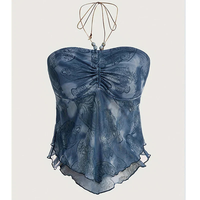 European And American Tie Dye Strapless Bandeau Tube Tops Women Sexy Slim Fit Crop Tops Halter Vest Summer Party Clubwear