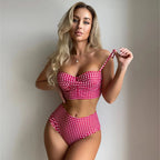 Women Sexy Slim Plaid Two Pieces Swimsuit High Waisted Bikini Swimwear 2024 Bikini Sets Size S-3XL Rose Red/Black/Blue/Sky Blue