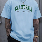 Summer Men's 100% Cotton Casual Sports Loose Large california letter Printed Comfortable Round Neck Short Sleeve T-shirt Top