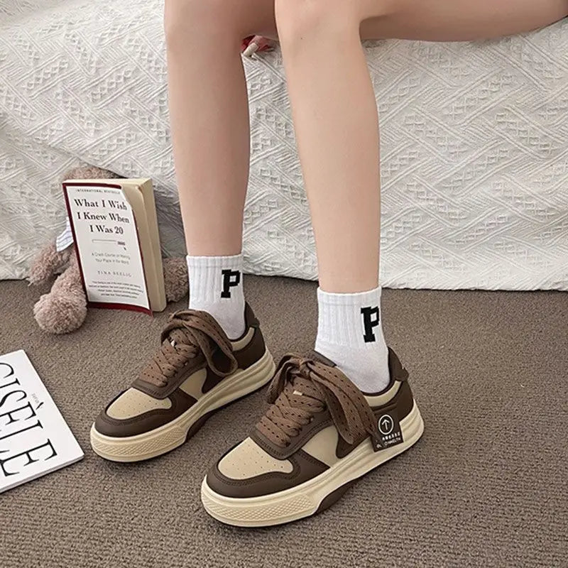 Casual Sports Shoes Board Shoes Women's Sneakers New Muffin Thick Bottom Khaki Black White Color Matching Fashion Women's Shoes