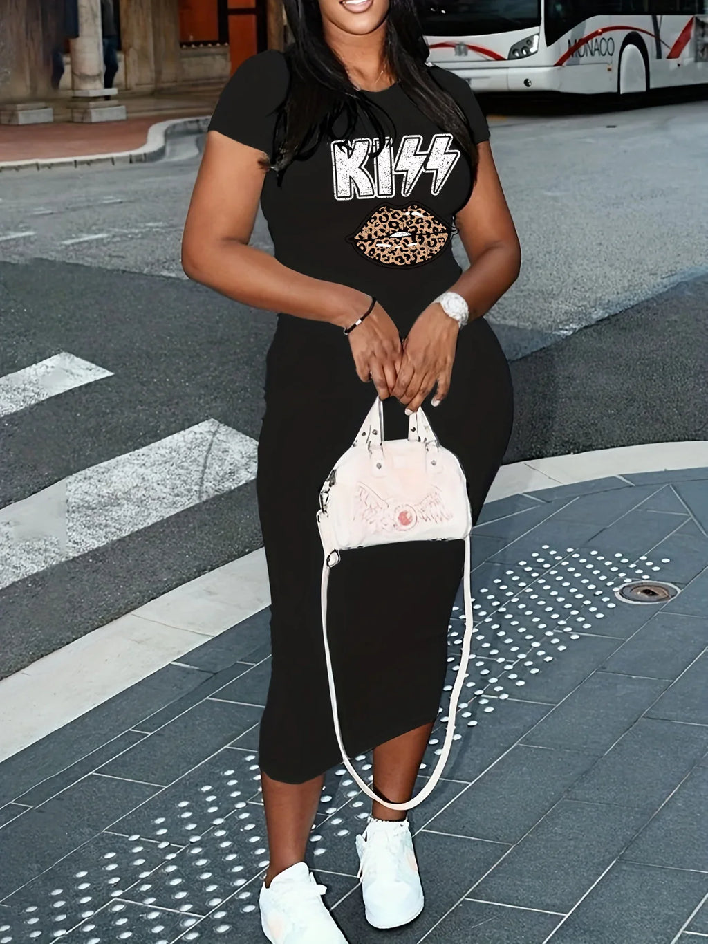 Women's Spring and Summer Fashion Casual Slimming KISS Leopard Lipprint Printed Round Neck Short Sleeve Sexy Dress