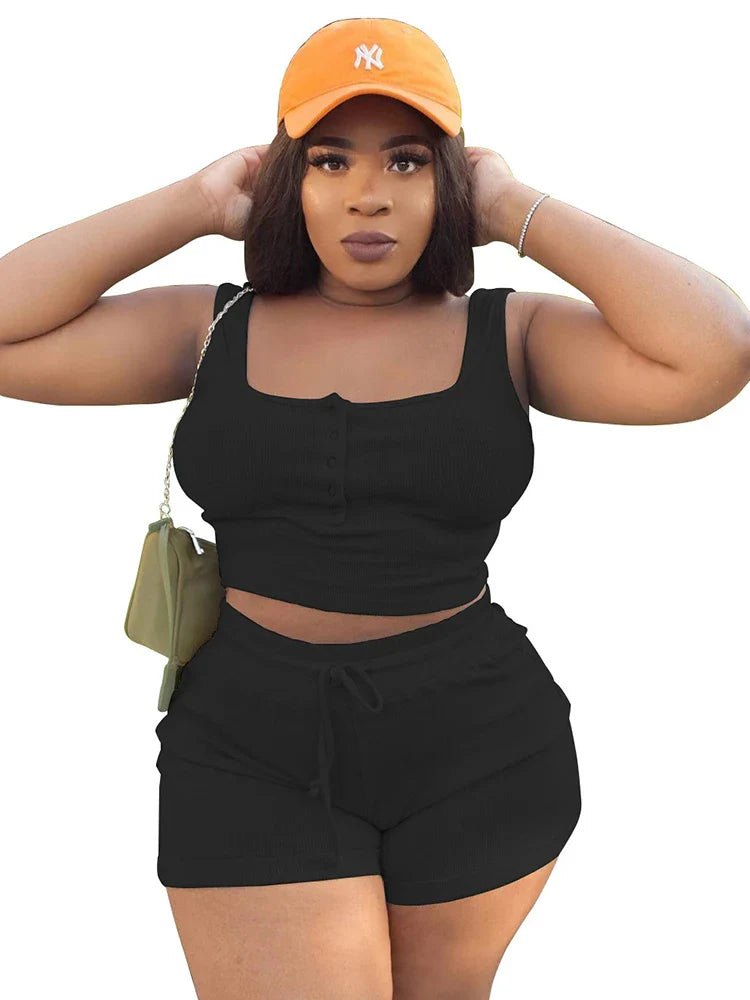 Curve Plus Size Women 2piece Sets Solid Color Ribbed Knit Outfits Summer Casual Sexy Shorts T-shirt Set Wholesale Dropshipping