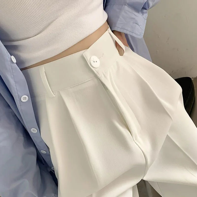 Summer Women's Draped Suit Pants Korean Style High-Waisted Button Casual Pants 2025 New Black White Baggy Office Lady Trousers