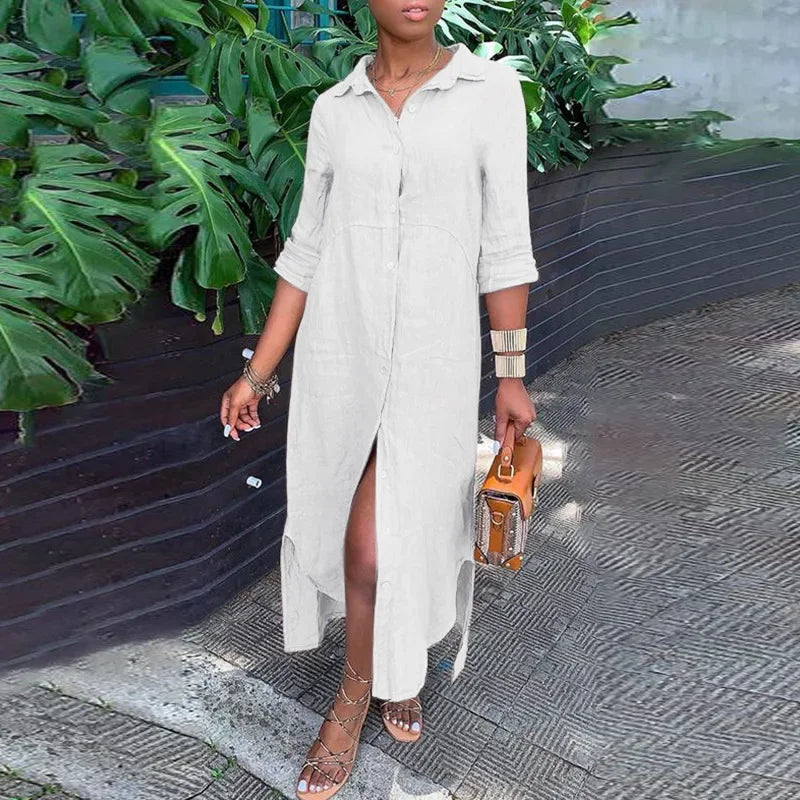 Women's 1XL-5XL plus size Dress  summer wearing the Shirt Collar Cotton Line Button Long Skirt  dress for women