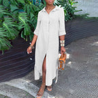 Women's 1XL-5XL plus size Dress  summer wearing the Shirt Collar Cotton Line Button Long Skirt  dress for women