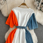 XFPV 2025 Summer Fashion Short Sleeve Round Neck High Waistband Slim A-line Denim Printed Patchwork Dress For Women SM11498