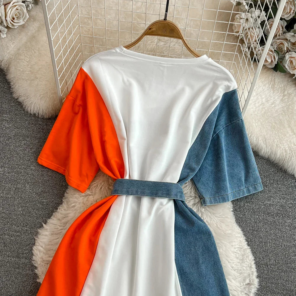 XFPV 2025 Summer Fashion Short Sleeve Round Neck High Waistband Slim A-line Denim Printed Patchwork Dress For Women SM11498