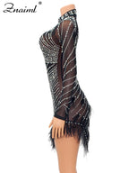 Znaiml Luxury 2023 Evening Celebrity Feathers Sheer Mesh Short Dresses for Women Sexy Pearls Rhinestones Party Birthday Vestidos