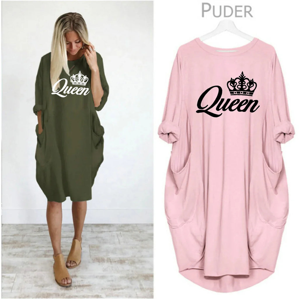 Women's spring and summer casual loose plus size QUEEN printed round neck long sleeved pocket dress streetwear