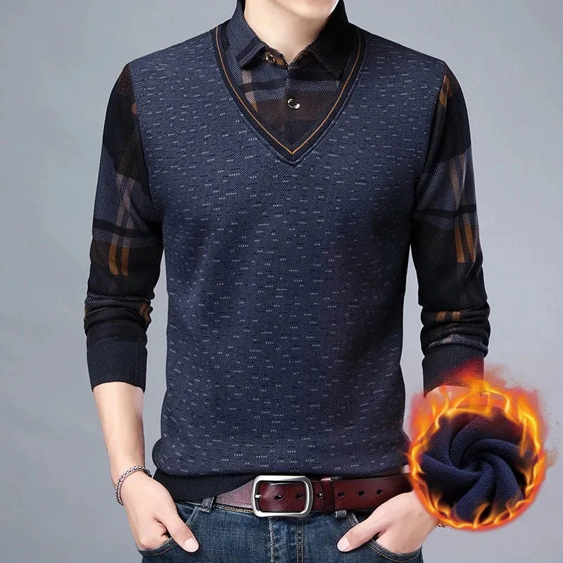 Men's Autumn Winter Sweater Pullover Polo Shirt Collar Fleece Thick Warm Top Clothes Business Casual Jumpers