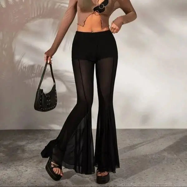 European And American Pant Legs Wooden Ear Edge Mesh Milled Bell Bottoms Black Slim Pants High Stretch Solid Color Bell Bottoms