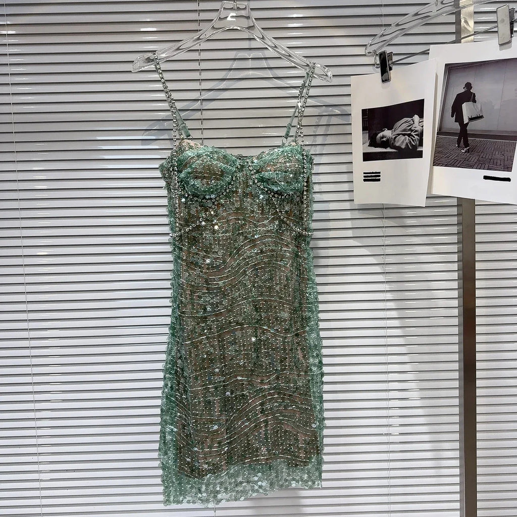 DEAT Heavy Industry Diamond Chain Pearl Suspender Dresses Women For Women 2024 Summer New Party Strap Dress Female 29L7707