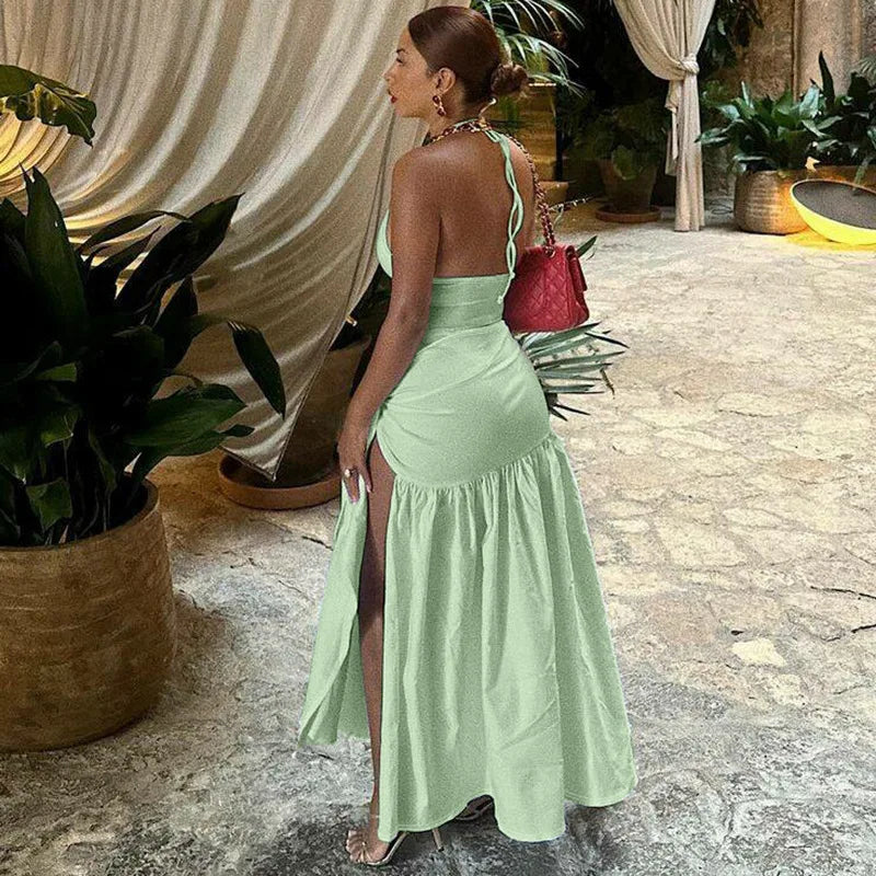 Women Sexy Cut Out Dress Sets Halter Deep V Neck Bodysuit and Tie Maxi Long Skirt Set 2025 Summer Two 2 Piece Vacation Outfits