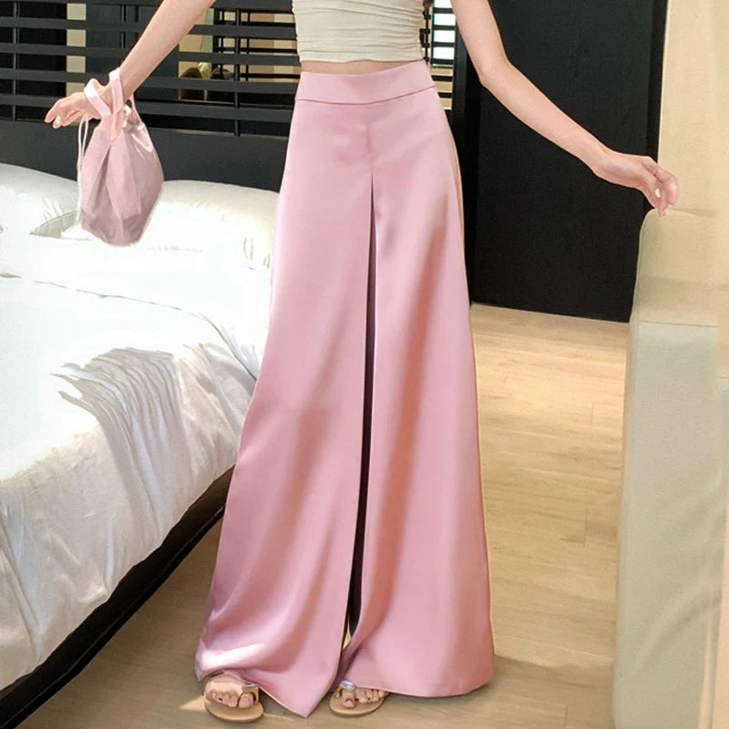High-Grade Acetate Satin Wide-Leg Pants Women Spring Bell-Bottoms Pants Loose Casual Pants High Waist Oversized Long Pantalons