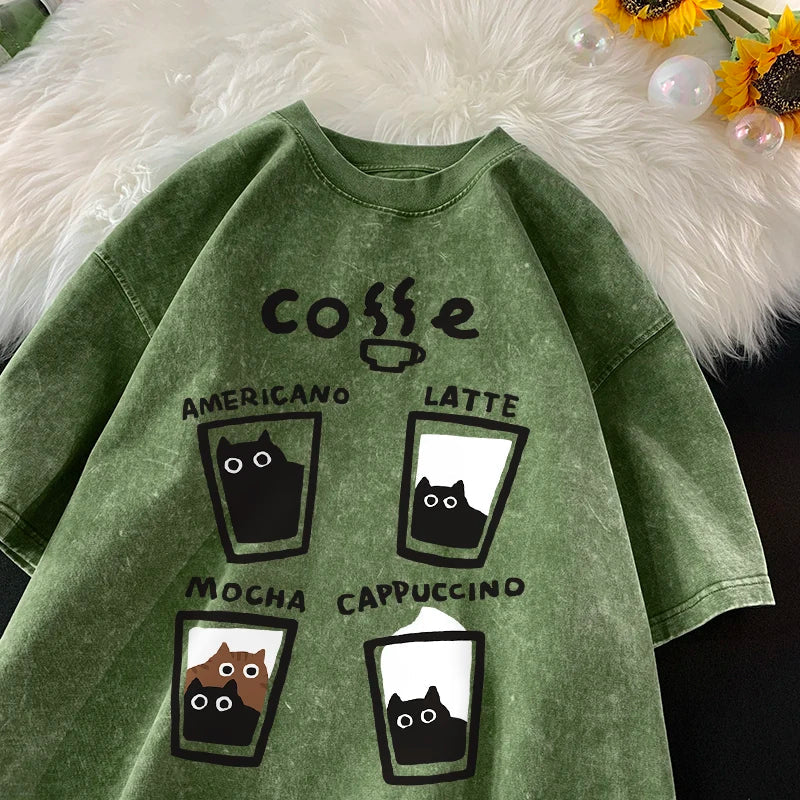 American Retro Trendy Cat Cotton T-shirt Men Women Summer Loose Couple Short Sleeve Tops Harajuku Y2k Vintage Water Washing Tee