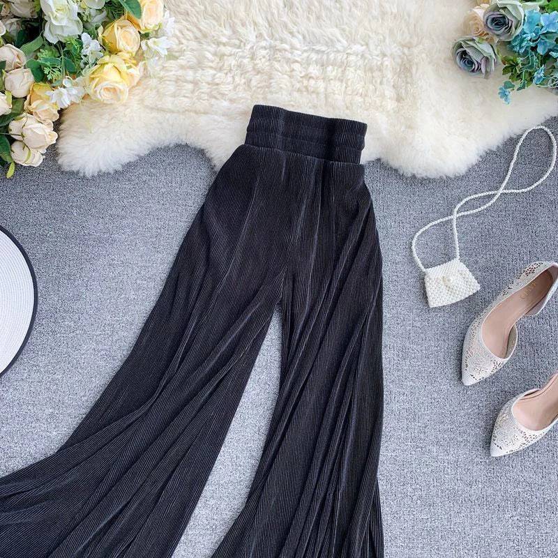 ZOKI Women Flare Pants Loose Gauze Elastic High Waist Ruffle Chiffon Ladies Trousers Fashion Black White Summer Female Pants New