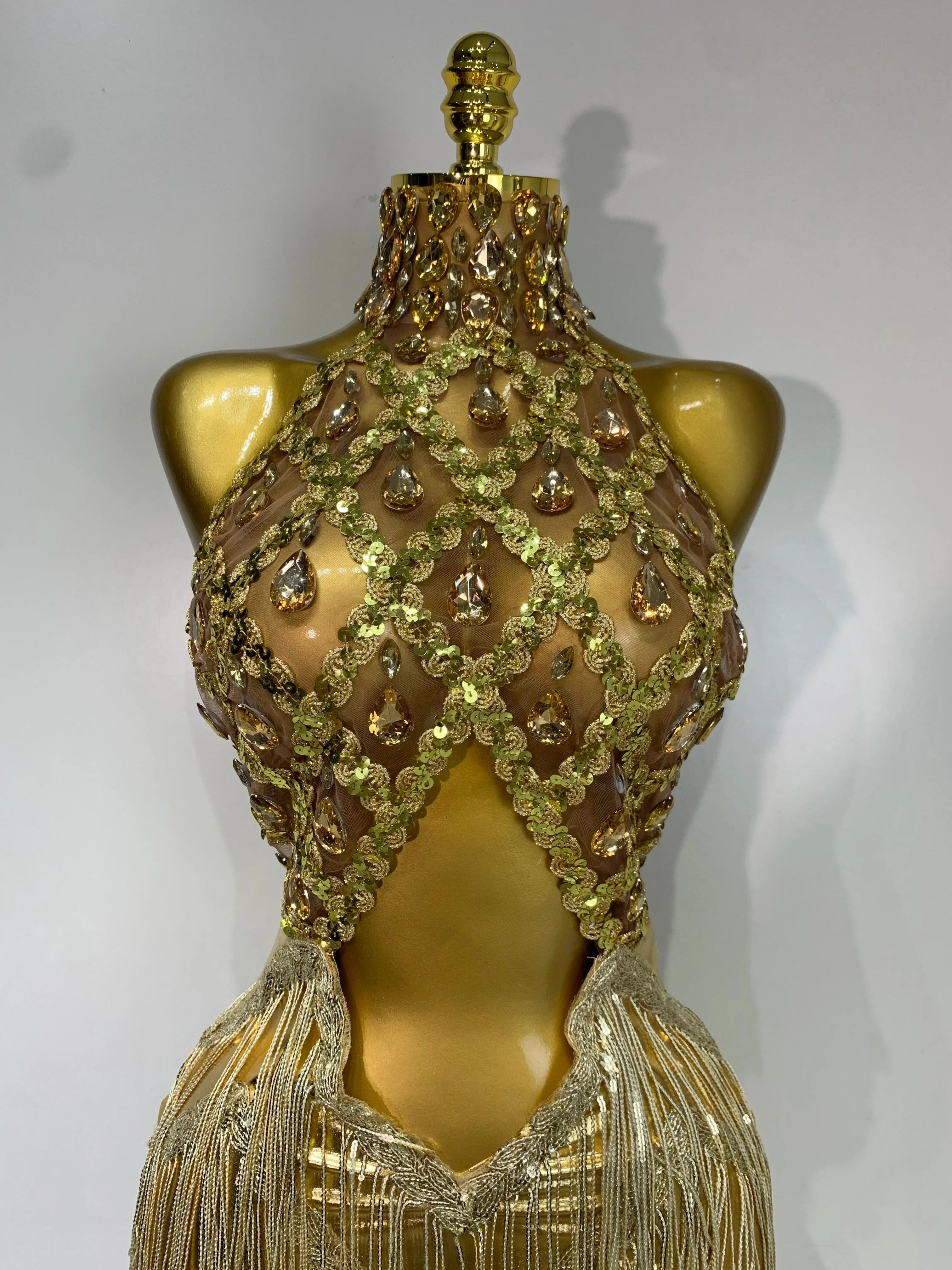 Women Birthday Party Rhinestones Tassels Transparent Short Dress Dance Show 2025 New Sexy Fashion Gold Sparkly Stage Costume