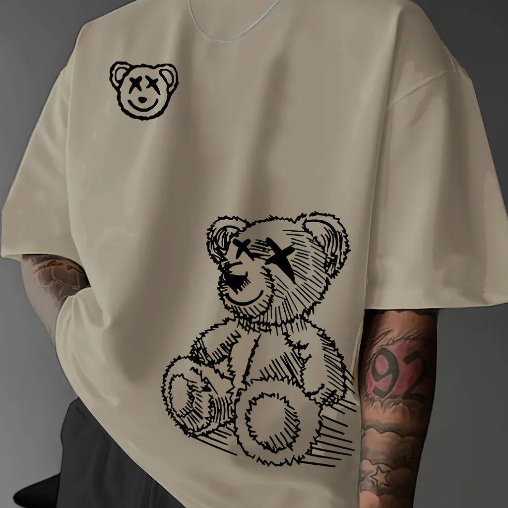Summer men's 100% pure cotton casual sports loose and fashionable cartoon bear pattern printed round neck short sleeved T-shirt