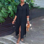 Women's 1XL-5XL plus size Dress  summer wearing the Shirt Collar Cotton Line Button Long Skirt  dress for women