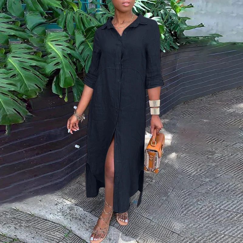 Women's 1XL-5XL plus size Dress  summer wearing the Shirt Collar Cotton Line Button Long Skirt  dress for women