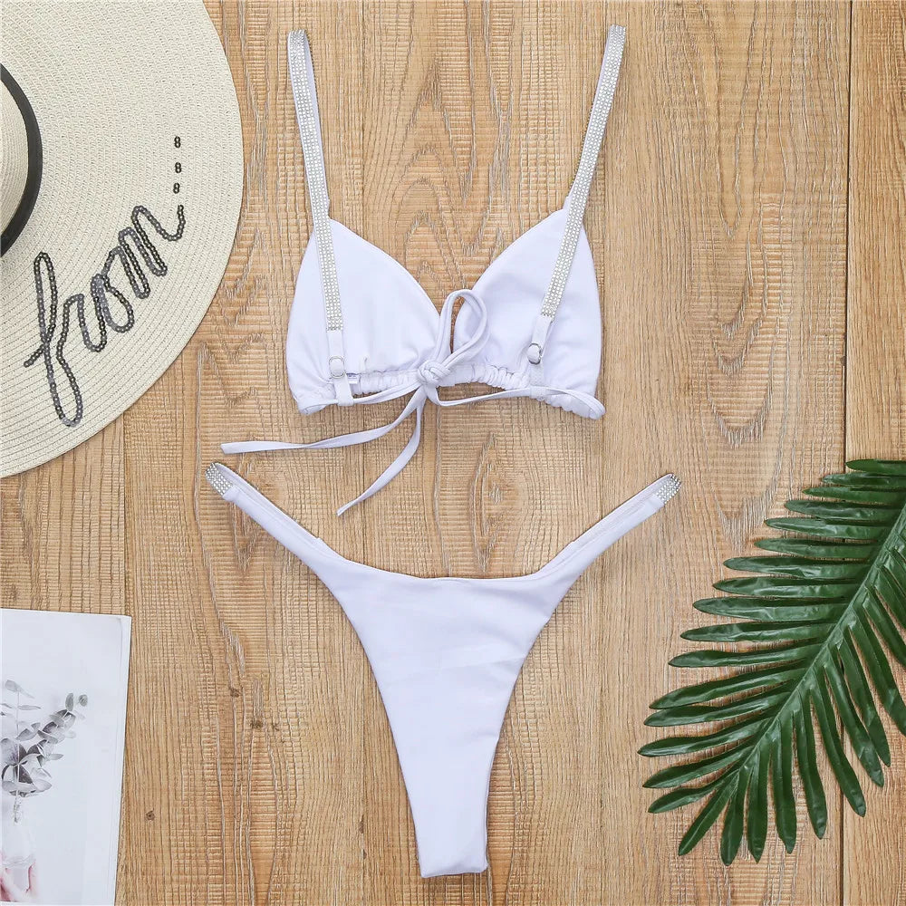 Diamond Swimwear Women 2024 Sexy Pink Micro Bikini Brazilian Black Rhinestone Thong Swimsuits Beach Push Up Bathing Suit Biquini