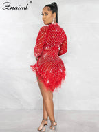 Znaiml Luxury 2023 Evening Celebrity Feathers Sheer Mesh Short Dresses for Women Sexy Pearls Rhinestones Party Birthday Vestidos