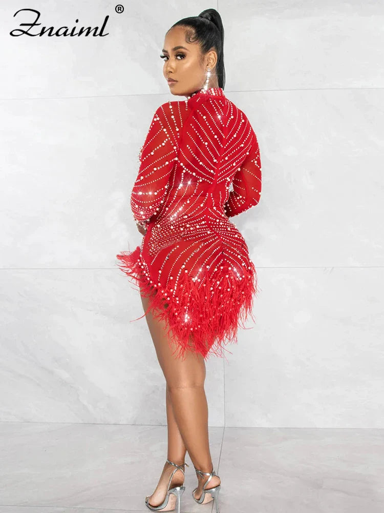 Znaiml Luxury 2023 Evening Celebrity Feathers Sheer Mesh Short Dresses for Women Sexy Pearls Rhinestones Party Birthday Vestidos