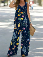 Women's1XL-8XL Plus Size Round Neck Casual Outfits Two Piece Set Solid Tank Top Wide Leg Pants Outfits 2 Piece Set