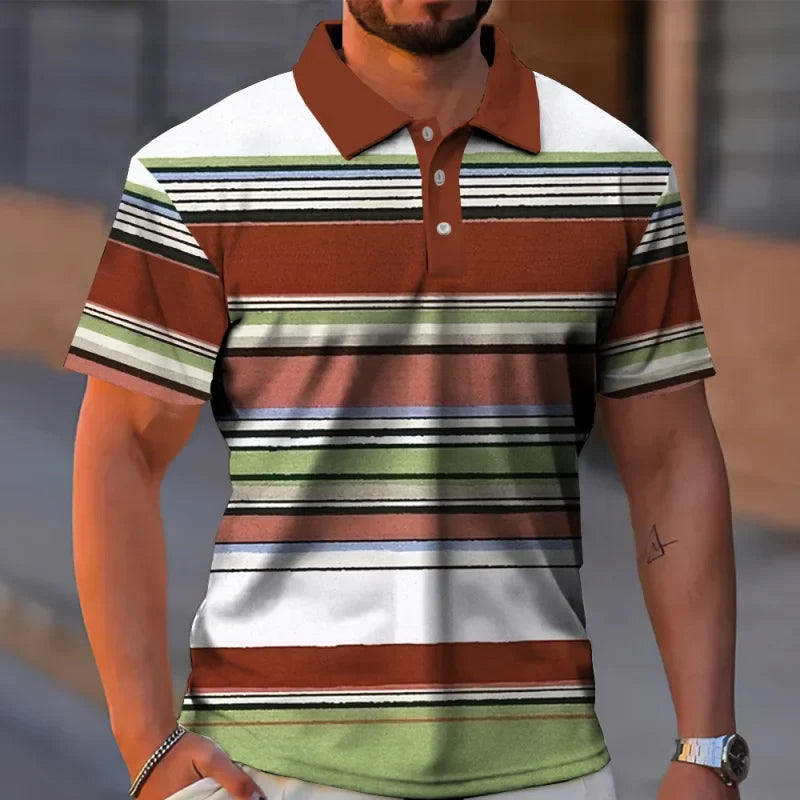 Colorful Stripes 3D Printed Polo Shirt For Men Geometric Color Block Pattern T-Shirt Casual Lapel Tops Loose Short Sleeve Tees
