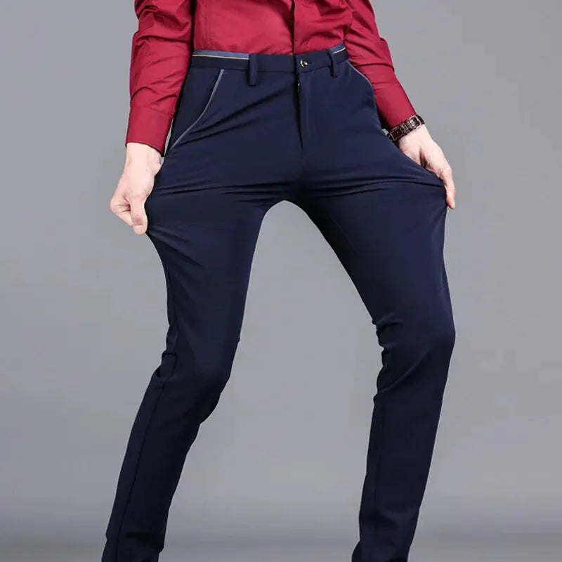 Men's Elastic Straight Pants Business Casual Long Suit Pants Male Formal Trousers Solid Colors Black BLue